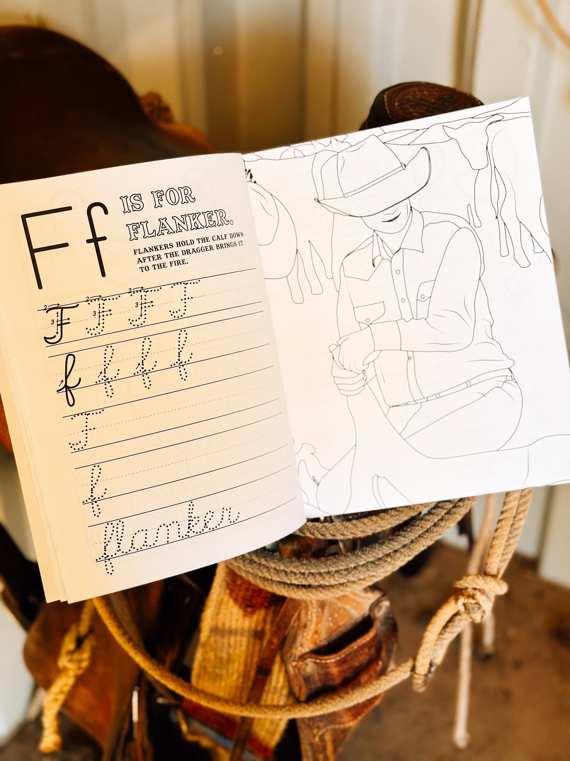 F is for flanker cursive workbook page. 