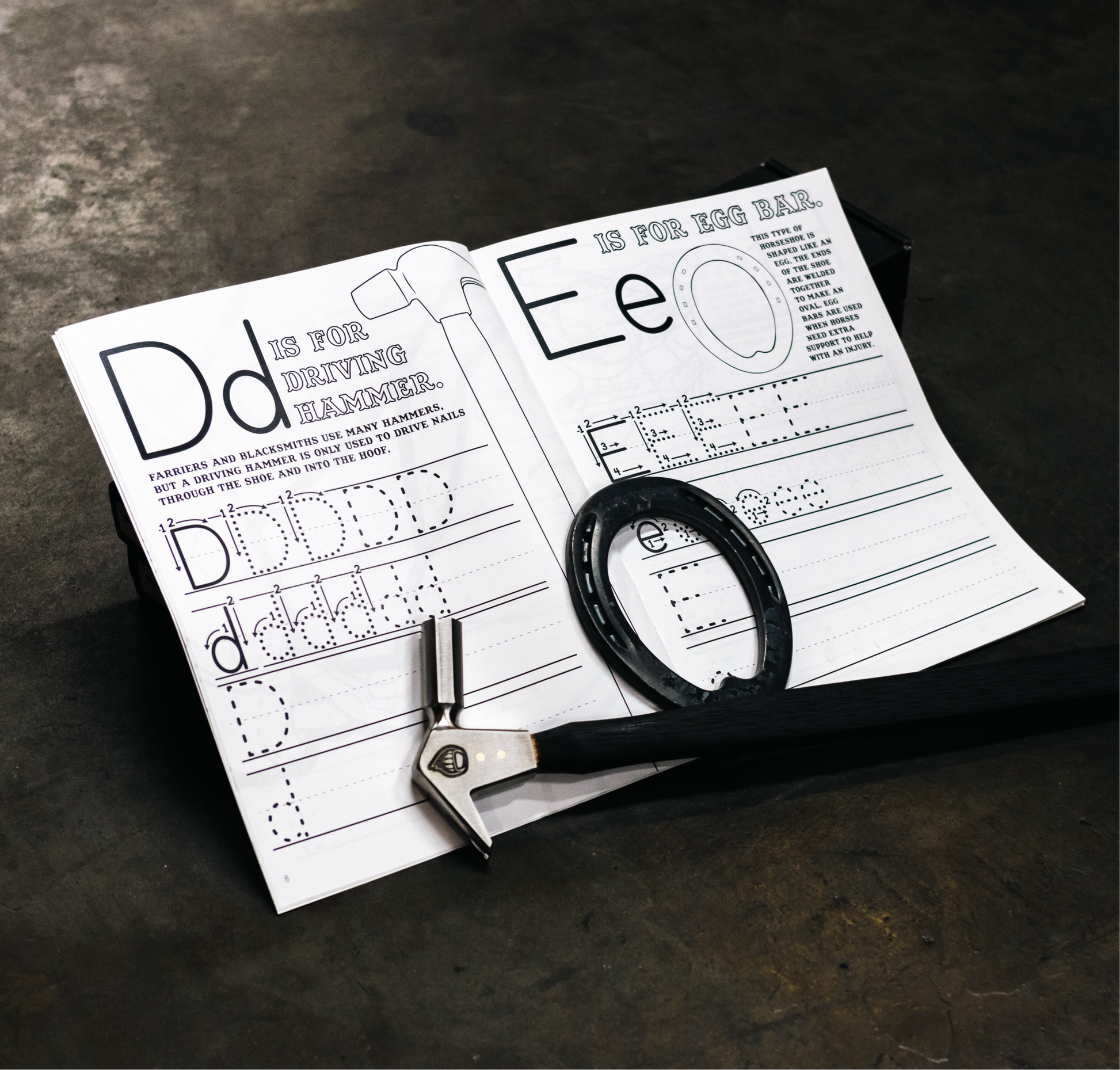 Example of the farrier abc workbook. Shows D is for Driving Hammer and E is for Egg Bar