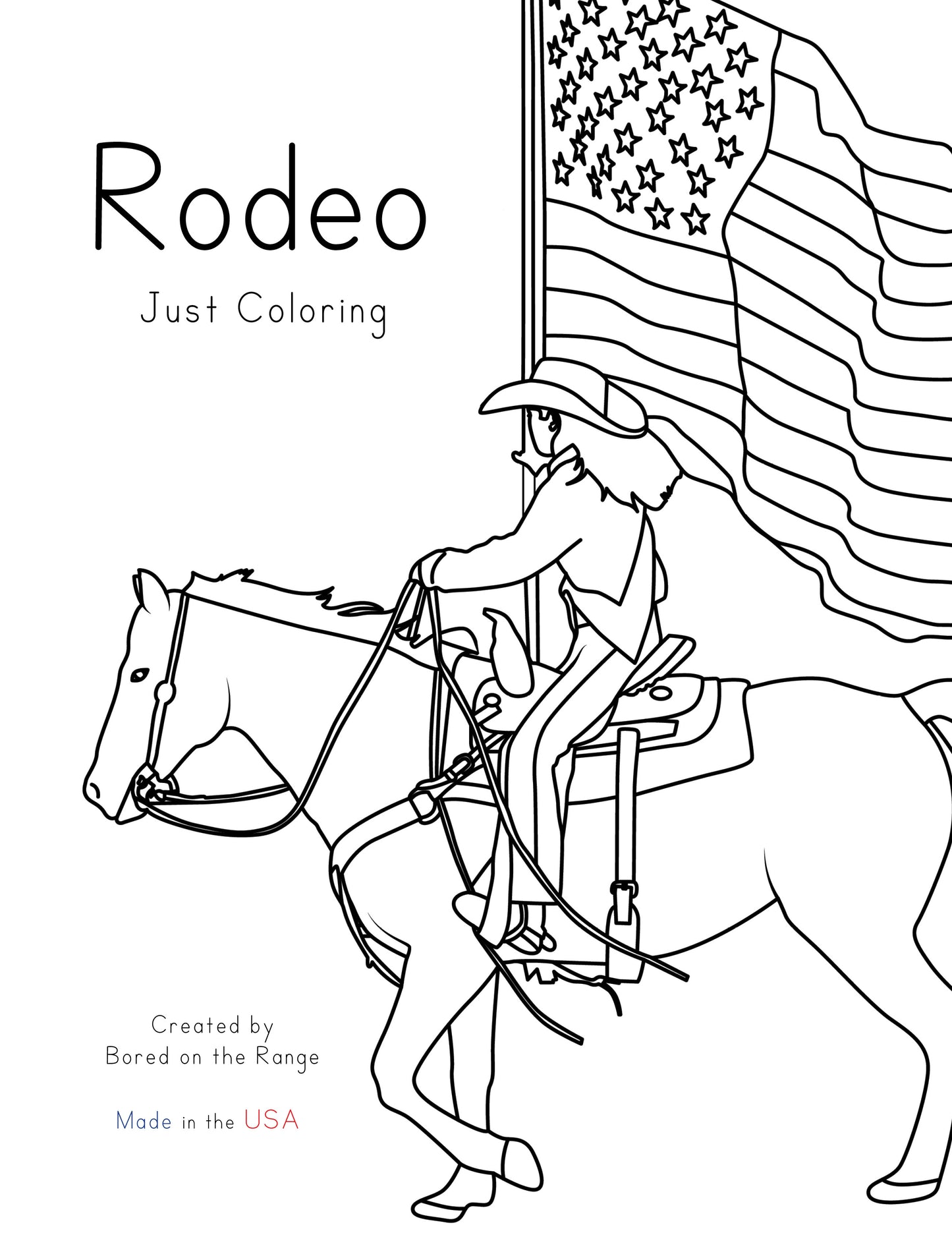 oloring illustrations only! This book is 22 pages and includes the coloring images from the “Rodeo Pre-K & Kindergarten ABC Workbook” with expanded scenes and BONUS illustrations. Bored on the Range creates agriculture-related coloring books and educational workbooks for your little cowkid. This coloring book is rodeo-themed and includes bull riders, barrel racers, cattle, horses, cowboys, cowgirls, and much more! 